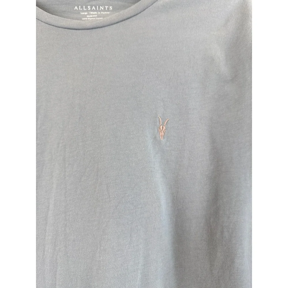 AllSaints T-Shirt Mens Large Slim Fit Minimalist Blue Ramskull Tonic Tee